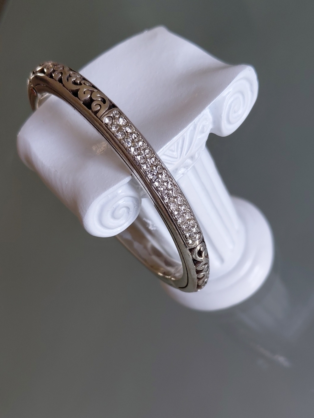 Brighton Silver Plated Crystal Scroll Hinged Bangle Bracelet